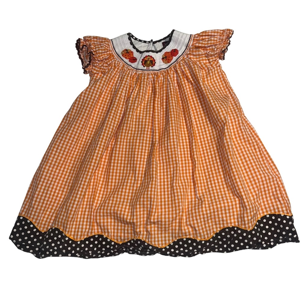 Lil Cactus Girls 4T Thanksgiving Turkey Smocked Gingham Dress Orange Brown - Picture 1 of 7